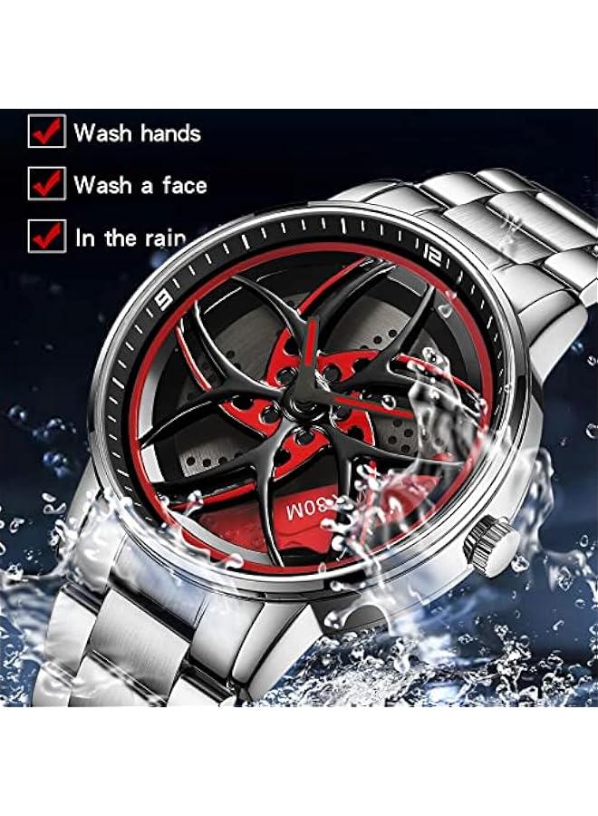 Men's Watch Designer 3D Skeleton Rotation Car Wheel Stainless Steel Leather Band Wrist Watches for Men Analog Quartz Watch Daily Life Waterproof Unique Creative  - Image 4