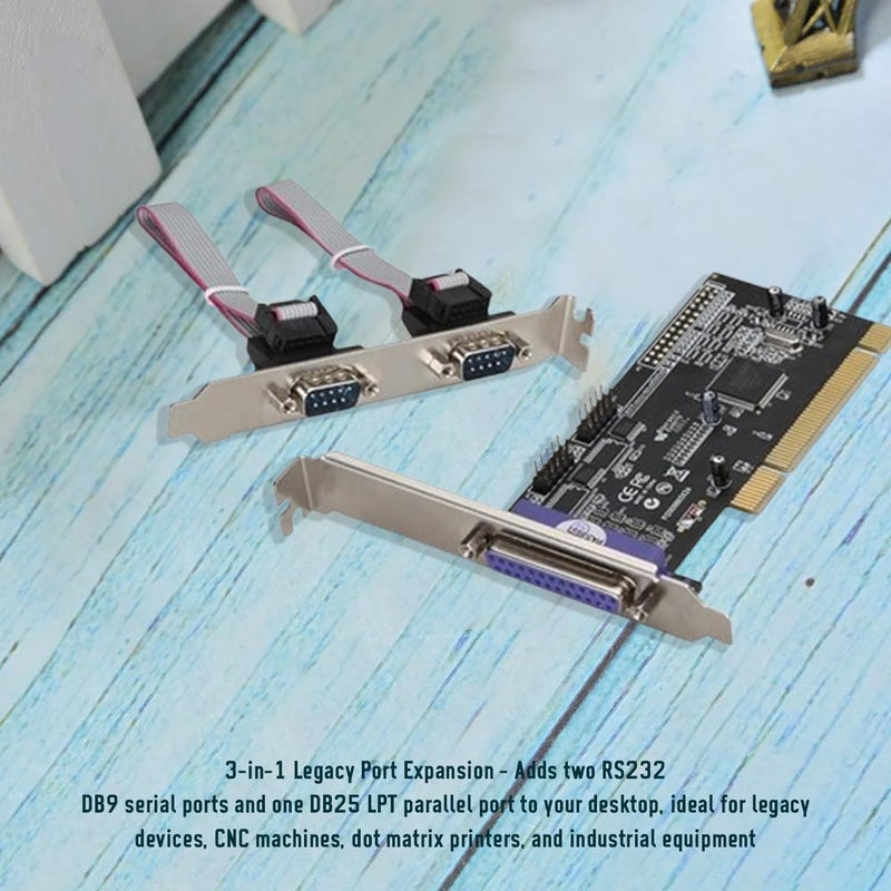 PCI Serial & Parallel Port Expansion Card – 2 RS232 DB9 + 1 DB25 LPT Interface Adapter for Desktop PC – Legacy COM & Printer Port Support for Windows 11, 10, 8, 7