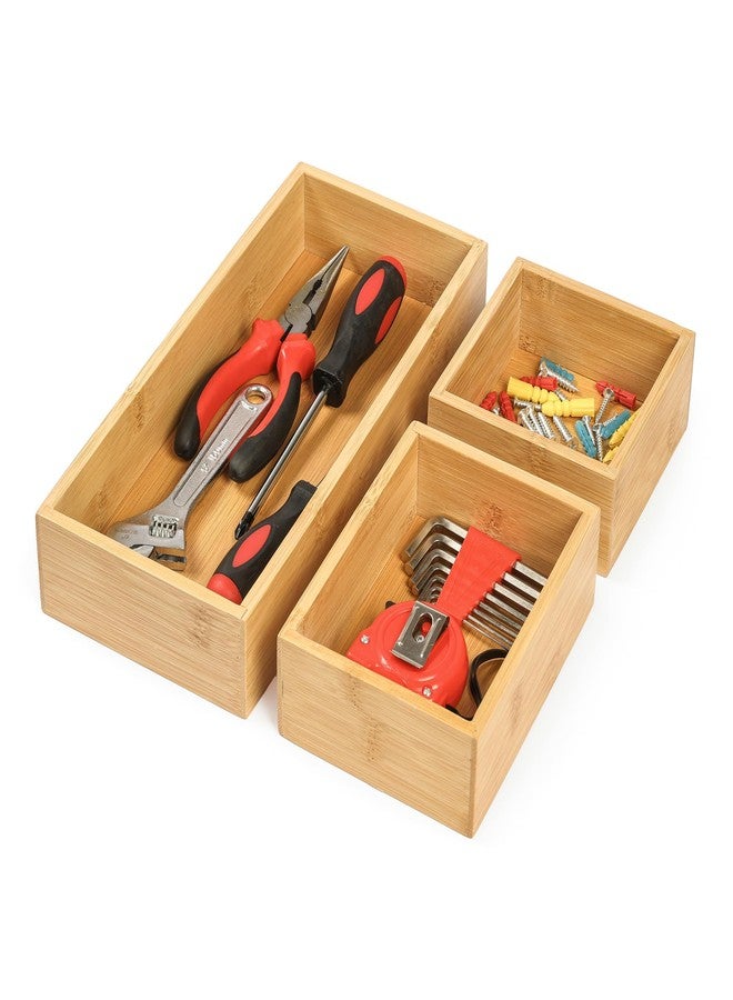 Vincona Bamboo Drawer Organizers Set, 3-Piece Multi-Use Wood Storage Organizers, Desk Drawer Tray for Kitchen, Bathroom, Office, Dresser, Bamboo Box Bin for Jewelry, Makeup, Junk, Gadgets - Image 1
