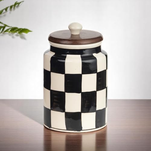 ClayStone Airtight Ceramic Jar - 900ml Each - Wooden Lid - Kitchen Containers for Sugar, Tea, Salt, Pickles, Pulses & More (Black & White) - Image 2