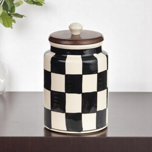 ClayStone Airtight Ceramic Jar - 900ml Each - Wooden Lid - Kitchen Containers for Sugar, Tea, Salt, Pickles, Pulses & More (Black & White) - Image 1
