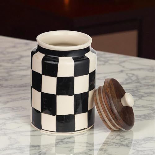 ClayStone Airtight Ceramic Jar - 900ml Each - Wooden Lid - Kitchen Containers for Sugar, Tea, Salt, Pickles, Pulses & More (Black & White) - Image 3
