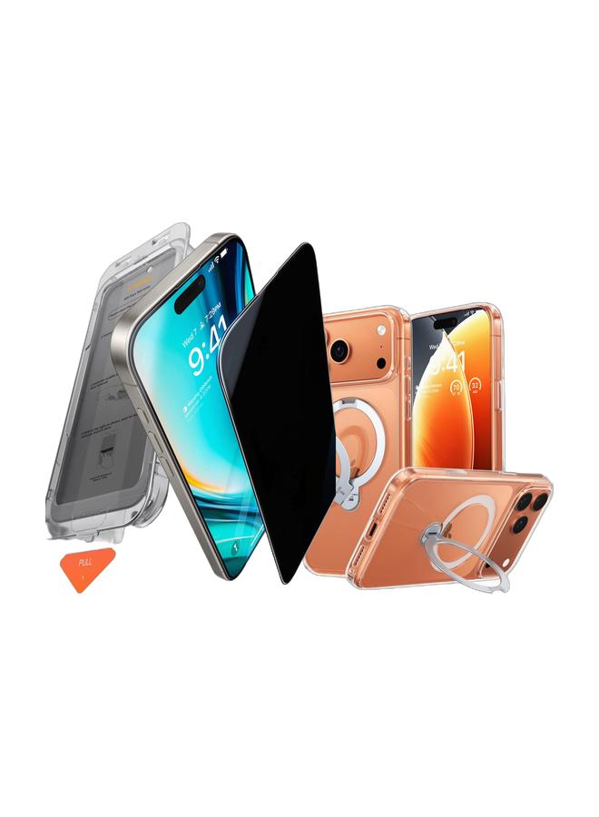 TORRAS Install Master Privacy Series iPhone 17 Pro Max Black Screen Protector – 9H+ Hardness, 25° Anti-Spy, 12FT Drop Protection - Black & O-Stand Spin Series iPhone 17 Pro Max Clear Case – 360° Rotatable Kickstand, MagSafe, Mil-Grade - ClearBundle - Image 1