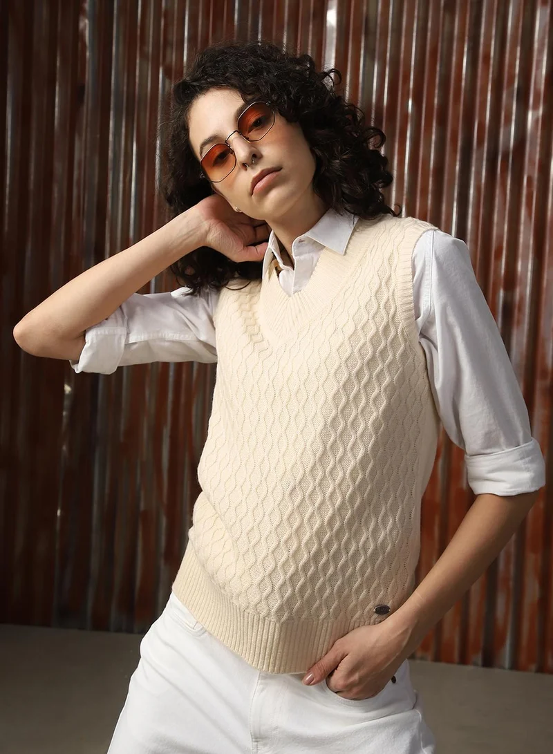 HIGH STAR Women's White 100% Acrylic Solid Sweater