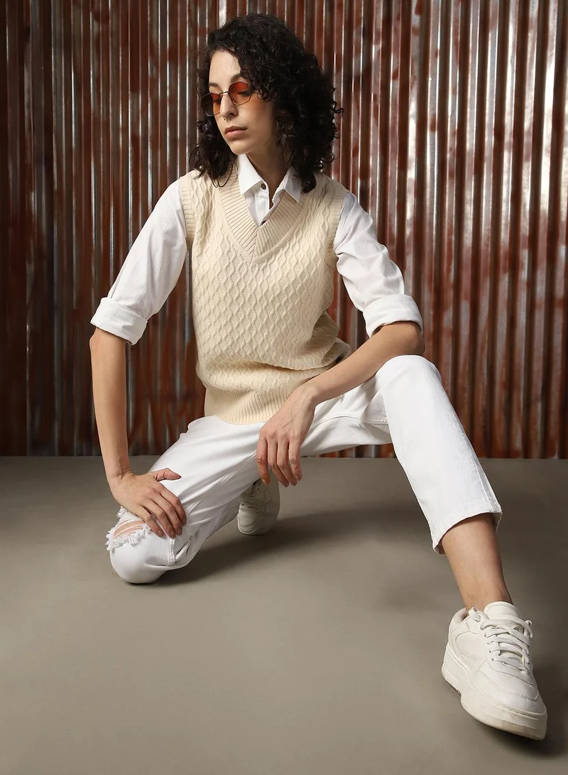 HIGH STAR Women's White 100% Acrylic Solid Sweater