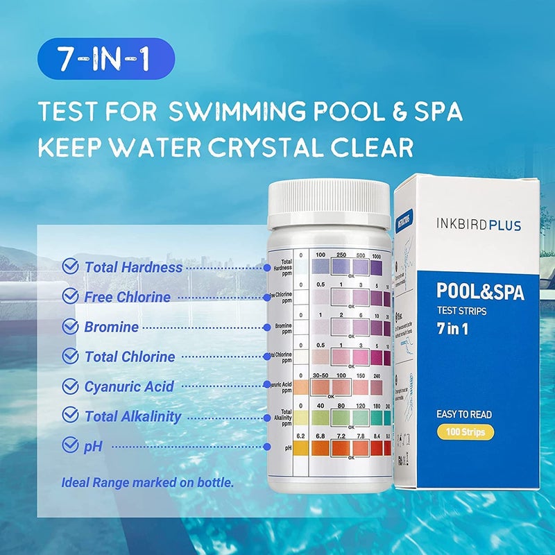 INKBIRDPLUS Pool Test Strips 100 Count, 7-Way Water Testing Kit for Chlorine, pH, Bromine, Alkalinity, Hardness, Cyanuric Acid, Perfect for Pools, Spas & Hot Tubs, Easy to Use, Fast & Reliable Results - Image 3