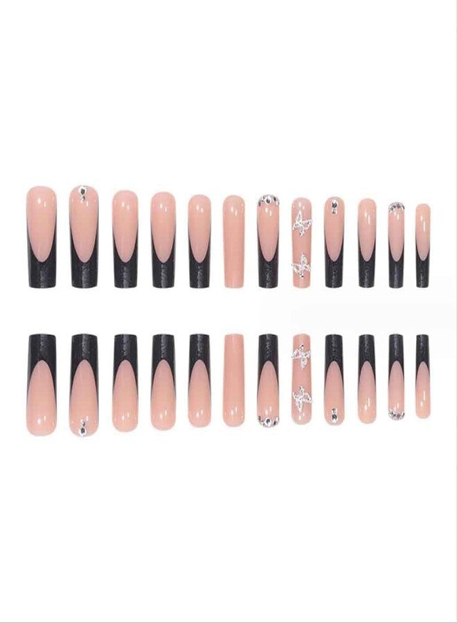 IKISKT French Press on Nails Long Rhinestone Pink Nude Fake Nails Black Nails Square Bling Glossy 3D Butterfly False Nail Tips Artificial Nails Finger Manicure for Women and Girls Reusable Nail Kit - Image 2