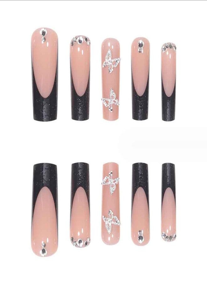 IKISKT French Press on Nails Long Rhinestone Pink Nude Fake Nails Black Nails Square Bling Glossy 3D Butterfly False Nail Tips Artificial Nails Finger Manicure for Women and Girls Reusable Nail Kit - Image 1
