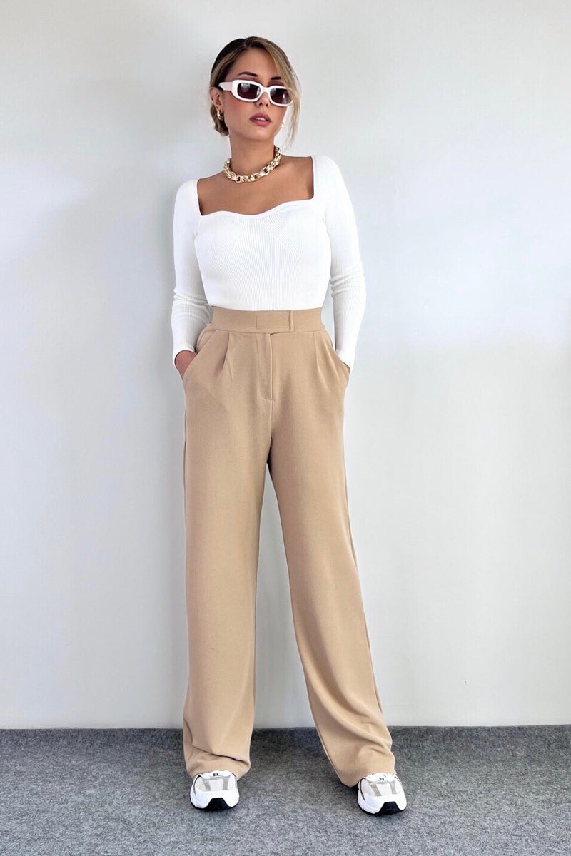 Ritnice بنطلون Palazzo نسائي من Ritnice Line بإغلاق فيلكرو من الليكرا باللون البيج  - Image 1