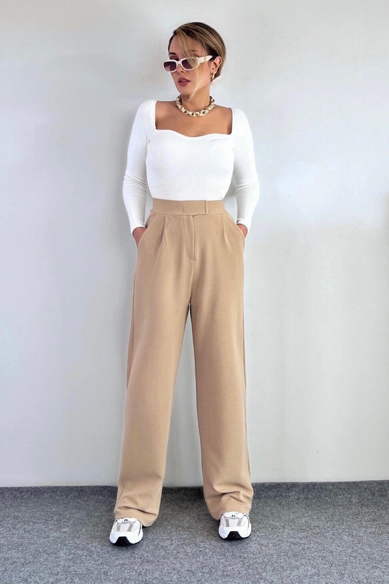 Ritnice بنطلون Palazzo نسائي من Ritnice Line بإغلاق فيلكرو من الليكرا باللون البيج  - Image 3