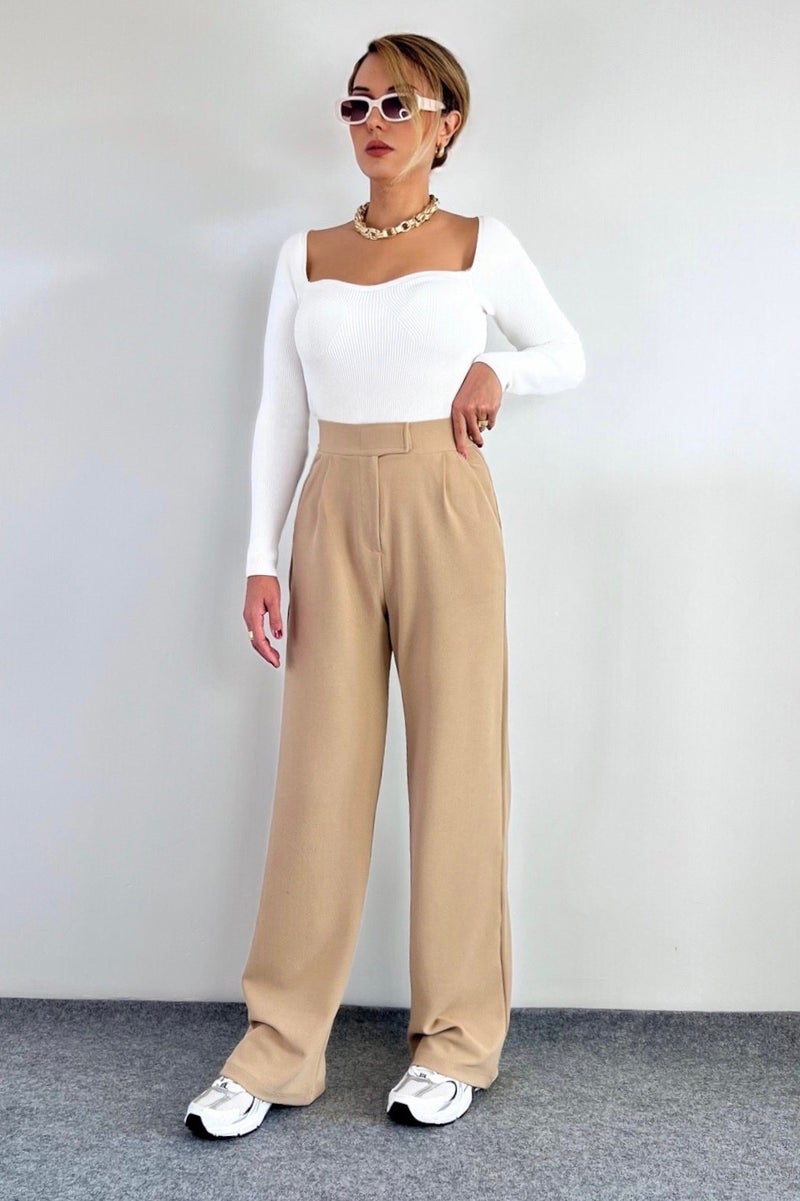 Ritnice بنطلون Palazzo نسائي من Ritnice Line بإغلاق فيلكرو من الليكرا باللون البيج  - Image 4