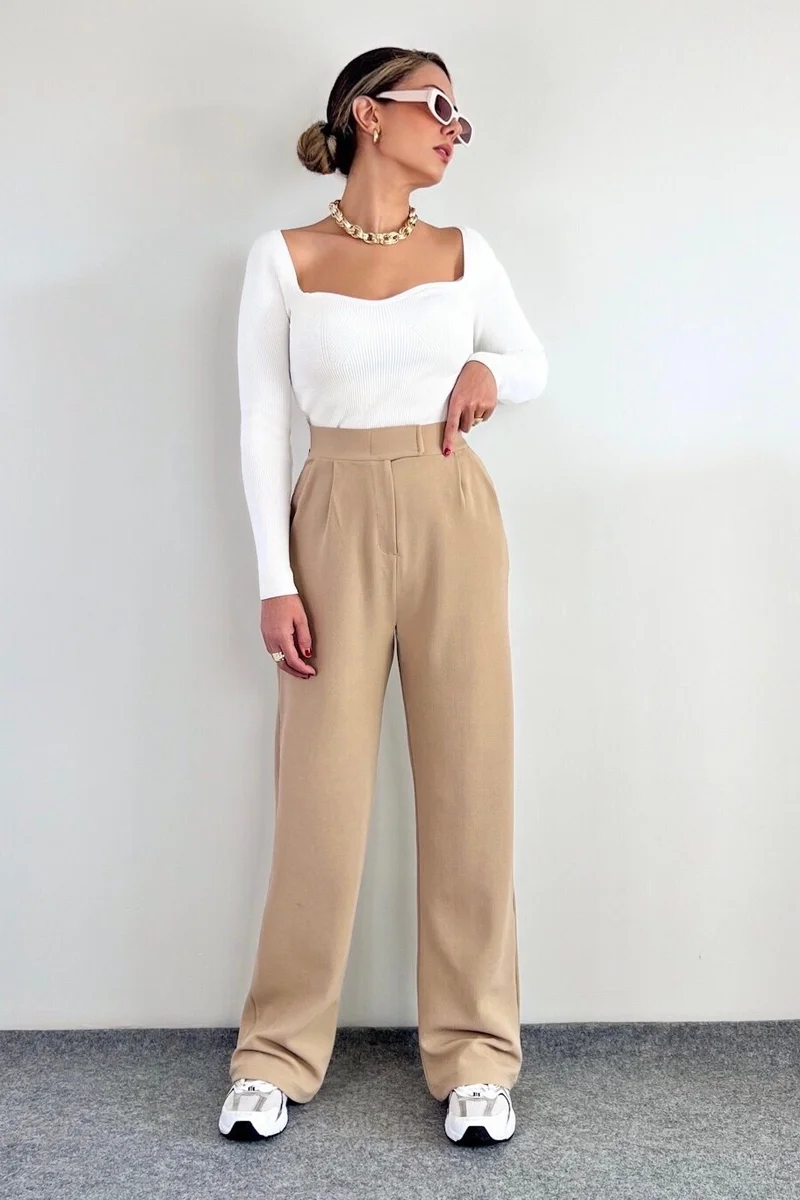 Ritnice Line Women's Lycra Velcro Beige Palazzo Trousers
