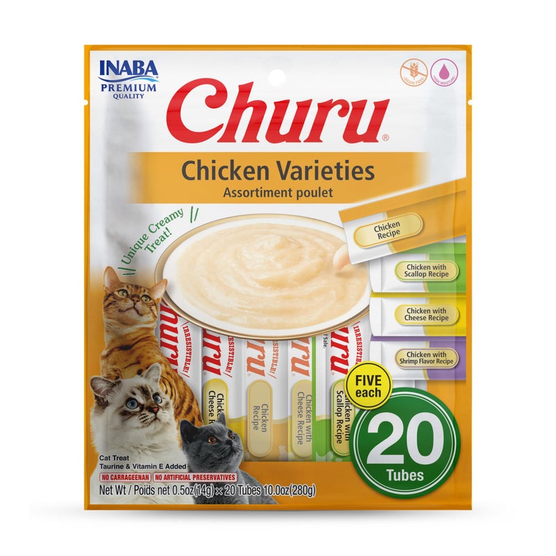 INABA Churu Cat Treats, Grain-Free, Lickable, Squeezable Creamy PurÃ©e Cat Treat/Topper with Vitamin E & Taurine, 0.5 Ounces Each Tube, 20 Tubes, Chicken Variety - Image 1