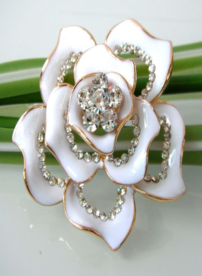 Navachi 18k Gold Plated Clear Crystal White Enamel Flower Az7433b Brooch Pin - Image 2