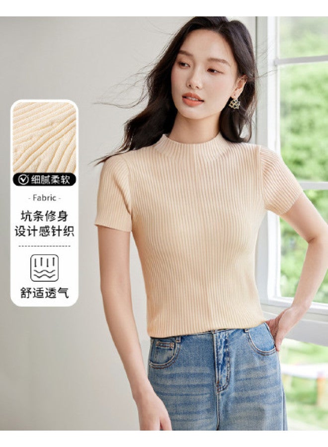 Hstyle Simple Knit Short Sleeve Women's Top - 2025 Summer Collection, Design-focused, Versatile, Slimming, Soft Pullover Shirt - Image 1