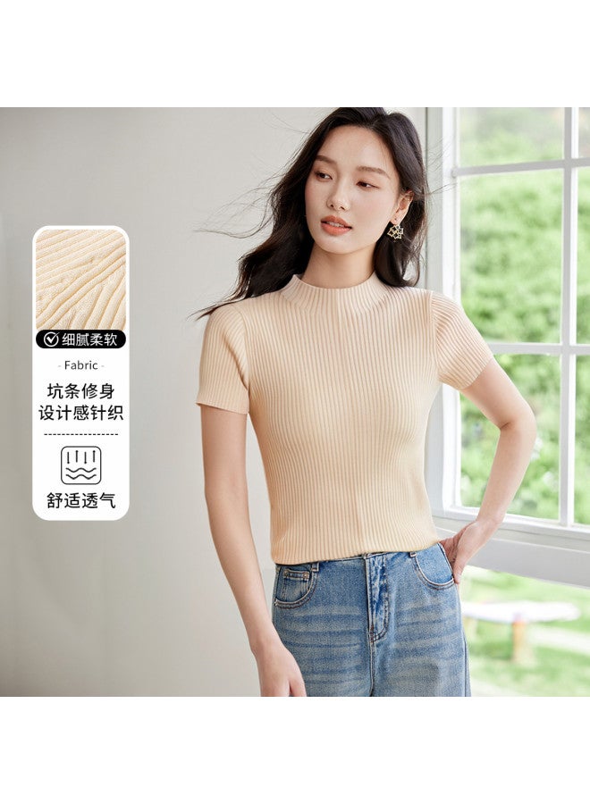 Hstyle Simple Knit Short Sleeve Women's Top - 2025 Summer Collection, Design-focused, Versatile, Slimming, Soft Pullover Shirt - Image 2