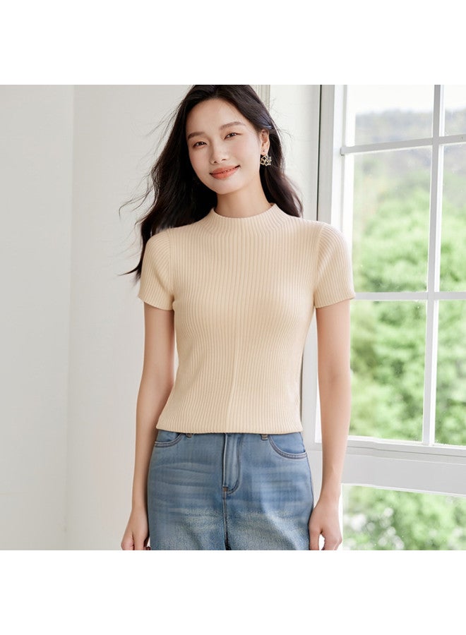 Hstyle Simple Knit Short Sleeve Women's Top - 2025 Summer Collection, Design-focused, Versatile, Slimming, Soft Pullover Shirt - Image 4