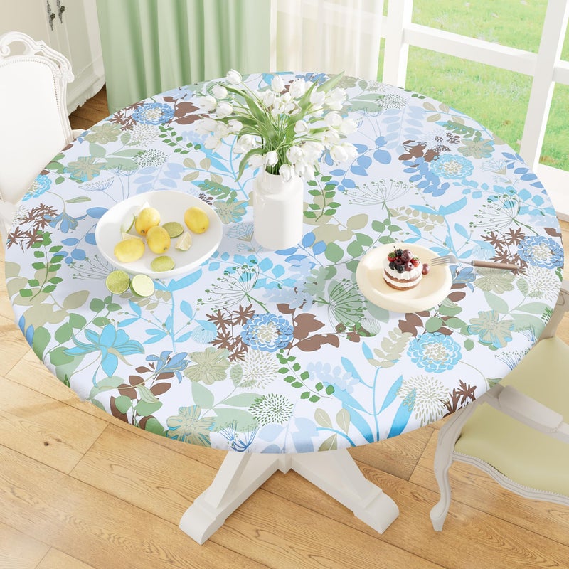 misaya Round Fitted Tablecloth with Elastic Edge, 100% Waterproof Oil Proof Plastic Table Cover, Vinyl Flannel Backed Tablecloth Fits 45"-56" Round Tables for Dinner, Outdoor, Picnic, Leaves - Image 1