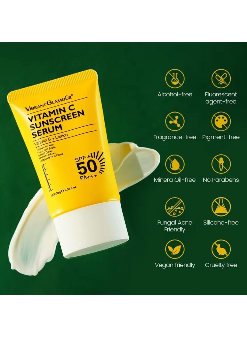 Vibrant Glamour Vitamin C Sunscreen Cream SPF 50+ PA+++ Sunscreen Serum with Vitamin C and Lemon Hyaluronic Sunscreen Gel UVA UVB Protection Fresh and Bright Instant Cover Sunscreen Cream 30g - Image 3