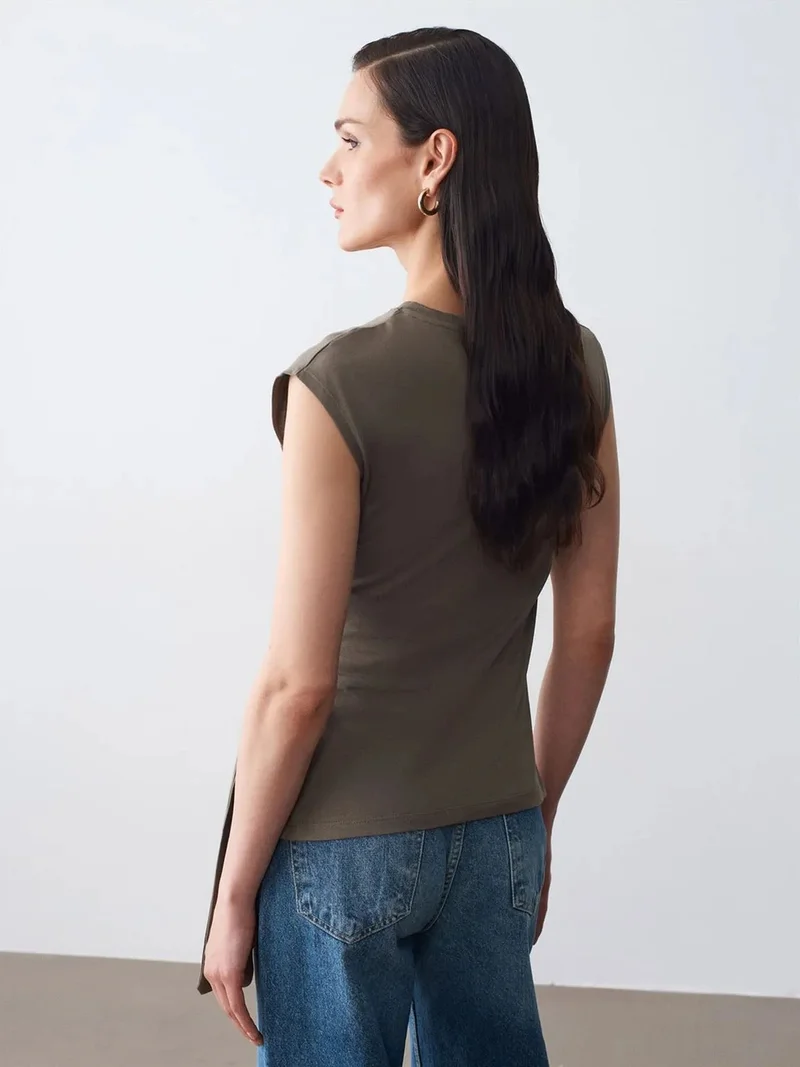 ديلفين Dilvin Women's Sleeveless Cotton Crew Neck T-Shirt with Tie Detail
