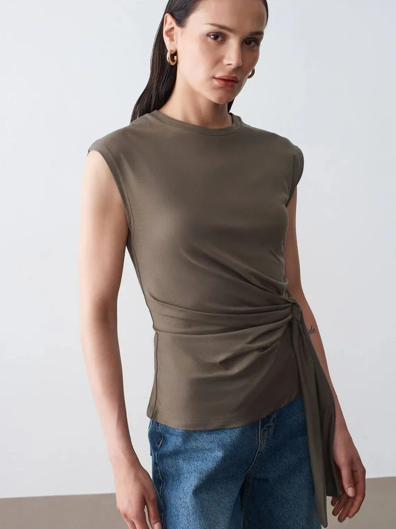 ديلفين Dilvin Women's Sleeveless Cotton Crew Neck T-Shirt with Tie Detail