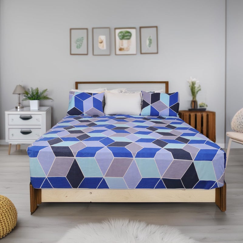 Status Contract Status Contract 2024 Cotton Rich Double Fitted Bedsheet with 2 Pillow Covers for Bed Room Home Hotel120 GSM Blue White  - Image 1