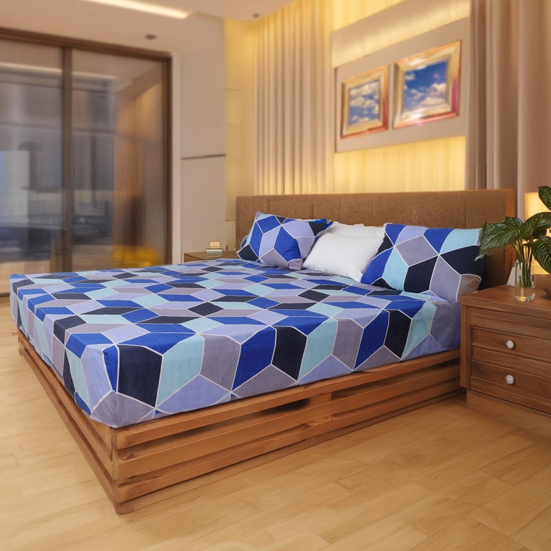 Status Contract Status Contract 2024 Cotton Rich Double Fitted Bedsheet with 2 Pillow Covers for Bed Room Home Hotel120 GSM Blue White  - Image 3