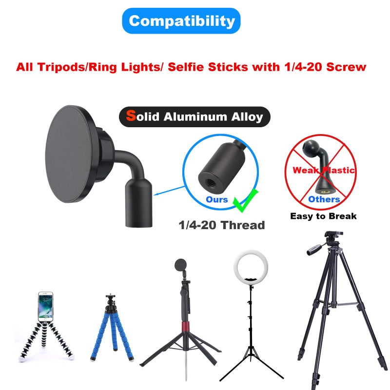 Rigdance Magnetic Phone Tripod Mount Adapter for Magsafe with 1/4"-20 Hole [Metal Foot], Compatible with iPhone 16 15 14 13 12 All Phones - Image 2