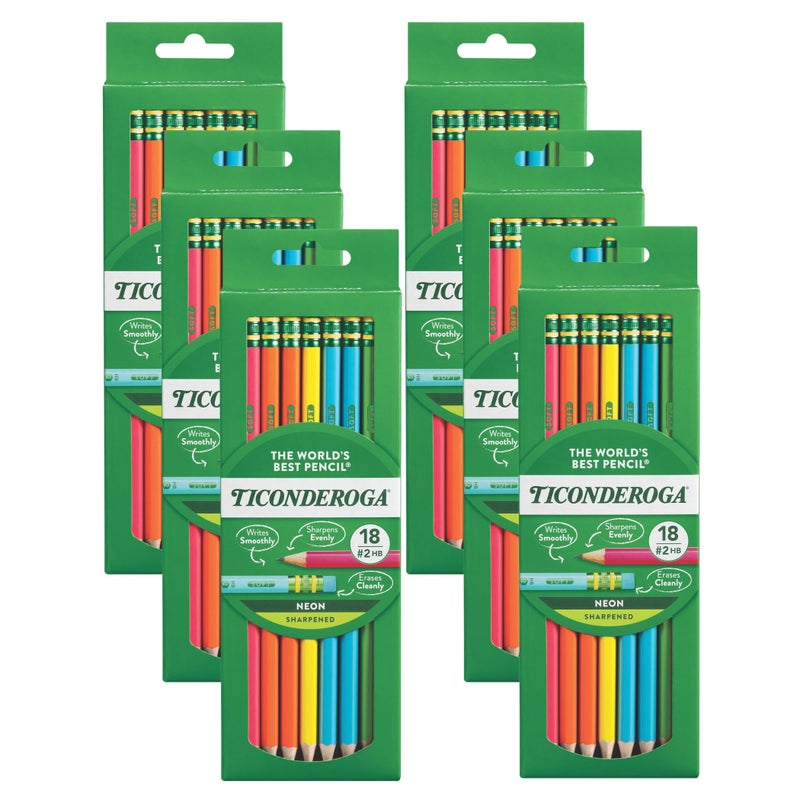Ticonderoga Neon Pencils 2 PreSharpened Wood Pencils with Erasers 18Count 13018 Pack of 6 108 Count Total