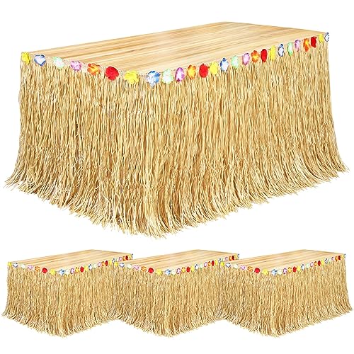 Fovths 4 Pack Luau Grass Table Skirt Natural 9 Feet x 29.5 Inch Hawaiian Table Skirt for Tropical Hawaiian Party Decorations Luau Party Costume Party, Straw Yellow - Image 1