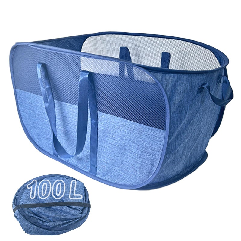 Extra Large Mesh Pop Up Laundry Hamper 100L Collapsible Laundry Basket Dirty Clothes Hamper with Reinforced Handles Storage Bins for Shelves Dorm or Home Portable Stair Laundry Basket Blue