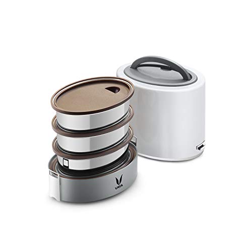 VAYA TYFFYN Lunch Box for Office for Men, with Polished Stainless Steel Containers,1000ml Thermal Insulated Hot Lunch Box Without BagMat, Hot Tiffin Box with 3 Compartments,White - Image 1