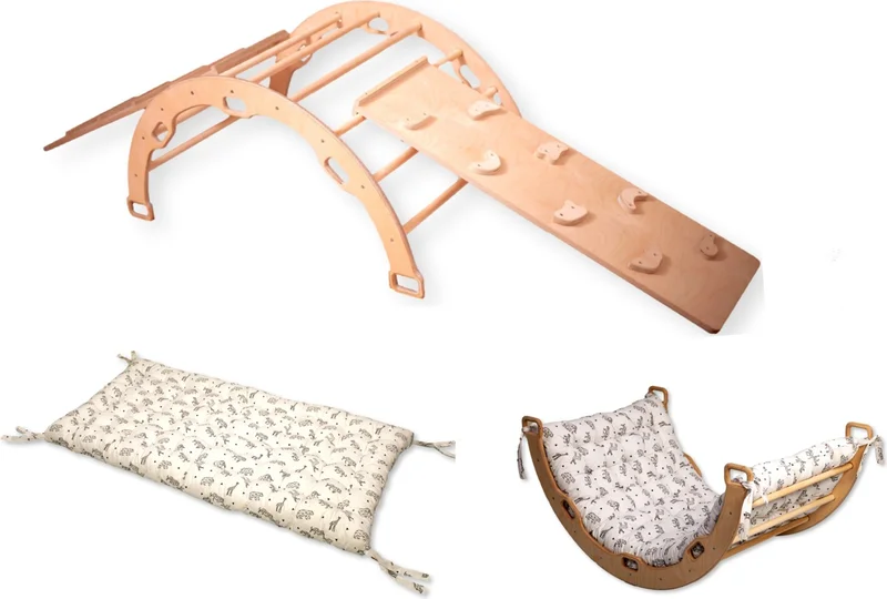 Kidoppo Pikler Climbing Set Montessori Play Set and Origami Patterned Pillow | Pikler Activity Center Arch & 2 Ramps + Origami Patterned Pillow