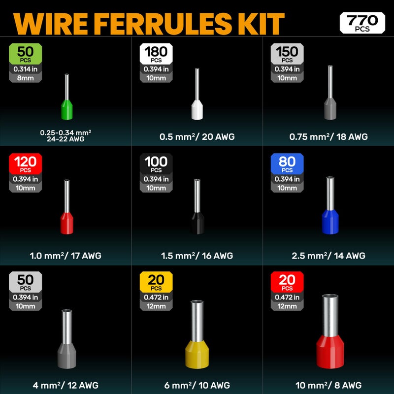 SOMELINE® Ferrule Crimping Tool Kit,Self-Adjusting Pliers for wire ferrules AWG 24-8, With 9 Sizes Insulated Wire Ferrules Terminals,Square Crimp Connector Assortment Kit (GX9-4) - Image 4