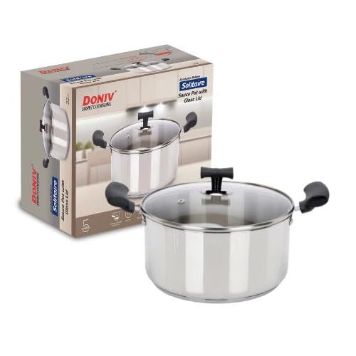 DONIV Solitaire Sandwich Bottom Stainless Steel Sauce Pot with Glass Lid, 22 cm 4.3 LTR Cap, Sauce Pot with Cool Touch Bakelite Handle, Induction Compatible, ISI Certified, 5 Year Warranty, Pack of 1 - Image 2