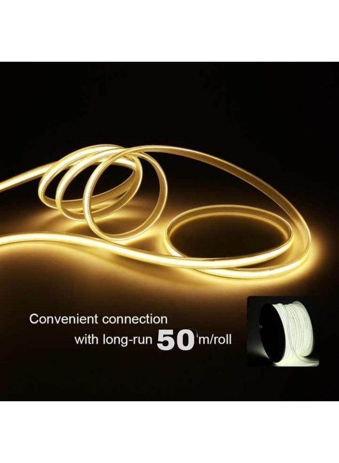 شريط إضاءة LED بتقنية COB بطول 50 مترًا (165 قدمًا)، مقاوم للماء بمعيار IP65، شريط إضاءة مرن بتقنية COB بقطر 8 مم مع موصل، لون أبيض دافئ، للإضاءة الداخلية والخارجية - Image 2