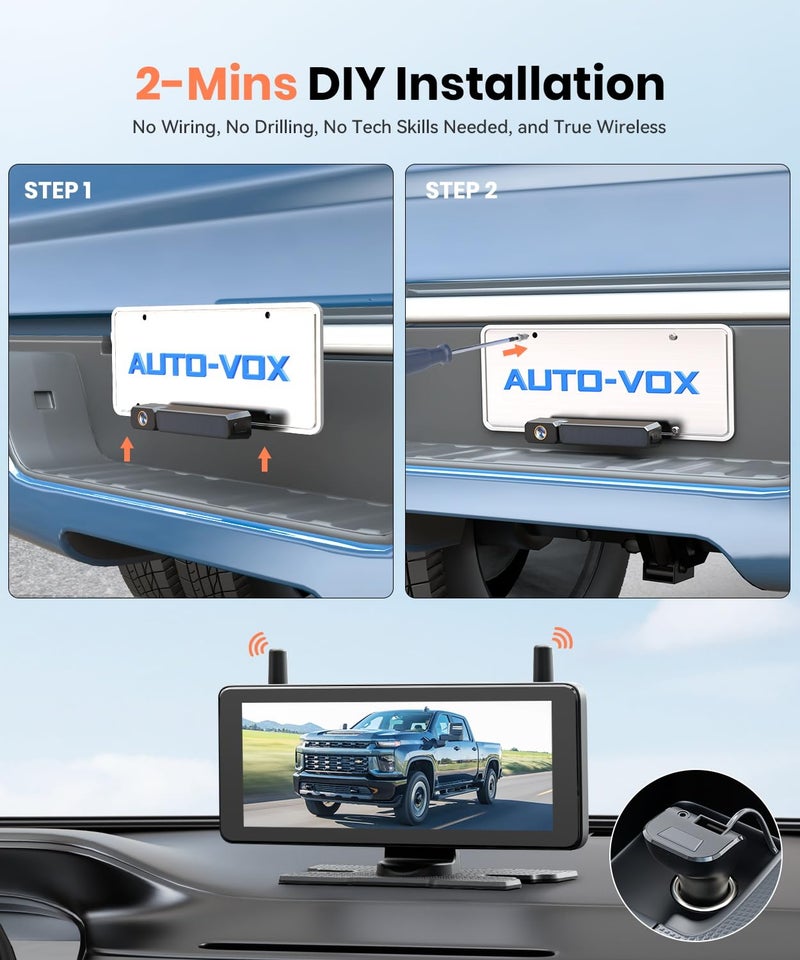 AUTO-VOX 2 Solar Wireless Backup Camera System with Two Cameras (License Plate & Portable): 7.2” 1080P HD Dual Channel Monitor, IP69K Waterproof Back up Camera for Truck,RV,Camper,Horse/Boat Trailer - Image 2
