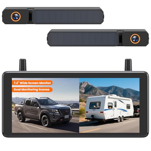 AUTO-VOX 2 Solar Wireless Backup Camera System with Two Cameras (License Plate & Portable): 7.2” 1080P HD Dual Channel Monitor, IP69K Waterproof Back up Camera for Truck,RV,Camper,Horse/Boat Trailer - Image 1