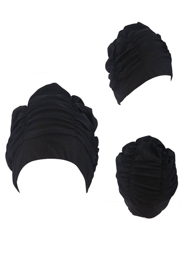 Ewandastore Ewanda store Colorful Pleated Nylon Cloth Swim Cap Large Swimming Cap Hot Spring Bathing Caps for Adult Men Women Long Hair(Black) - Image 2