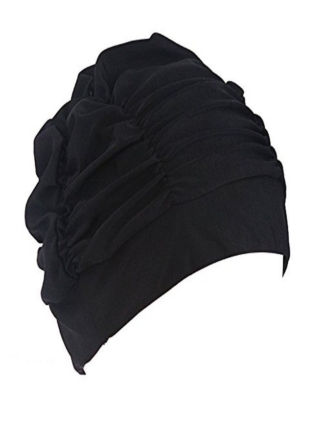 Ewandastore Ewanda store Colorful Pleated Nylon Cloth Swim Cap Large Swimming Cap Hot Spring Bathing Caps for Adult Men Women Long Hair(Black) - Image 3