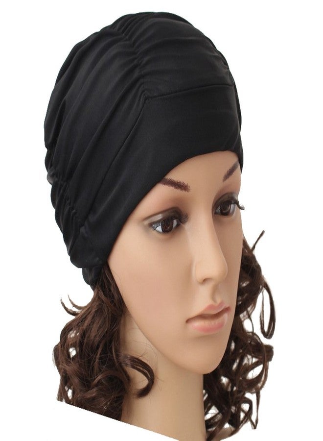 Ewandastore Ewanda store Colorful Pleated Nylon Cloth Swim Cap Large Swimming Cap Hot Spring Bathing Caps for Adult Men Women Long Hair(Black) - Image 1