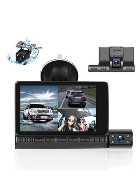 Car Dash Camera, 4 Inch 1296p Motion Detection Dash Camera For Car, 3 Channel Dash Cam Front And Rear Inside, Three Way Triple Car Camera With Night Vision, Loop Recording, G Sensor, Parking Monitor