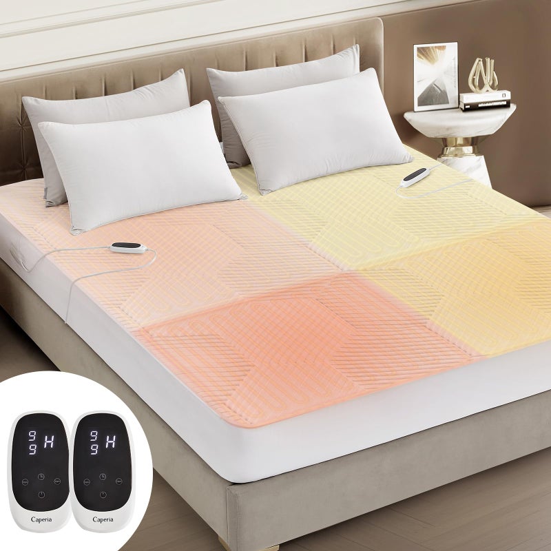 Caperia Multizone Waterproof Heated Mattress Pad Individual Body Feet Electric Mattress Bed Warmer 9 Heat Settings 112 Hours Auto Off Deep Pocket Fast Heating Machine Washable Queen 60 x 80