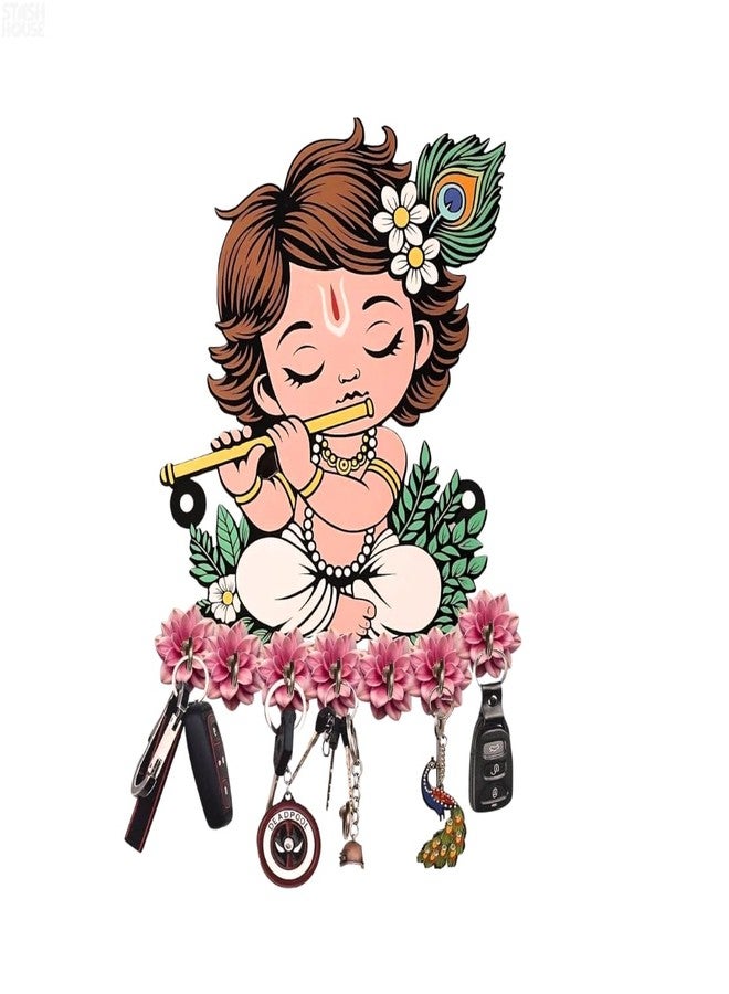 WALL MAGIX Baby Krishna Wooden Key Holder for Wall | Decorative Wall Mounted Key Stand with 6 Hooks | Floral Spiritual Home Entrance Decor | Krishna Wall Organizer - Image 1