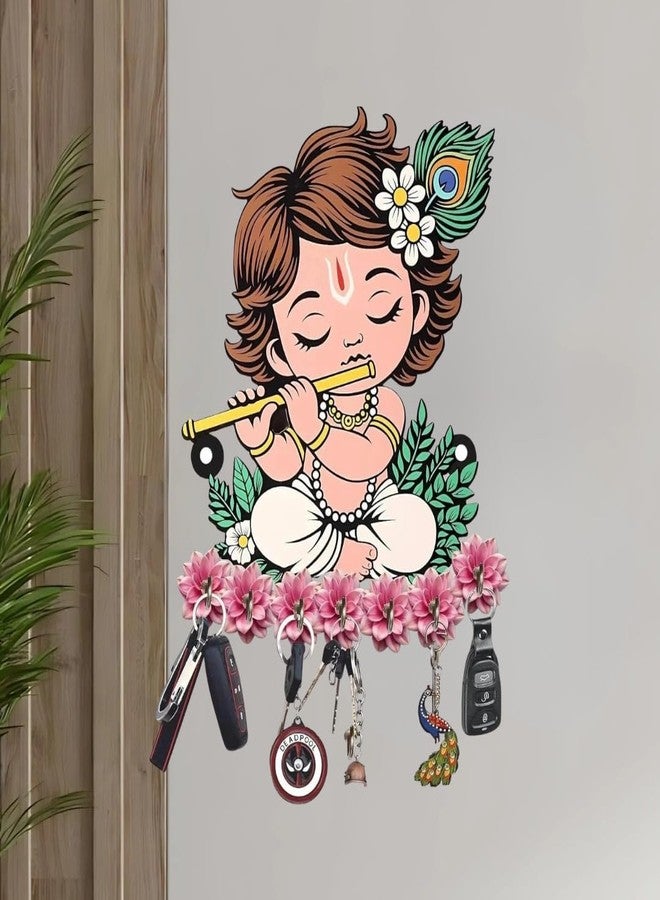 WALL MAGIX Baby Krishna Wooden Key Holder for Wall | Decorative Wall Mounted Key Stand with 6 Hooks | Floral Spiritual Home Entrance Decor | Krishna Wall Organizer - Image 2