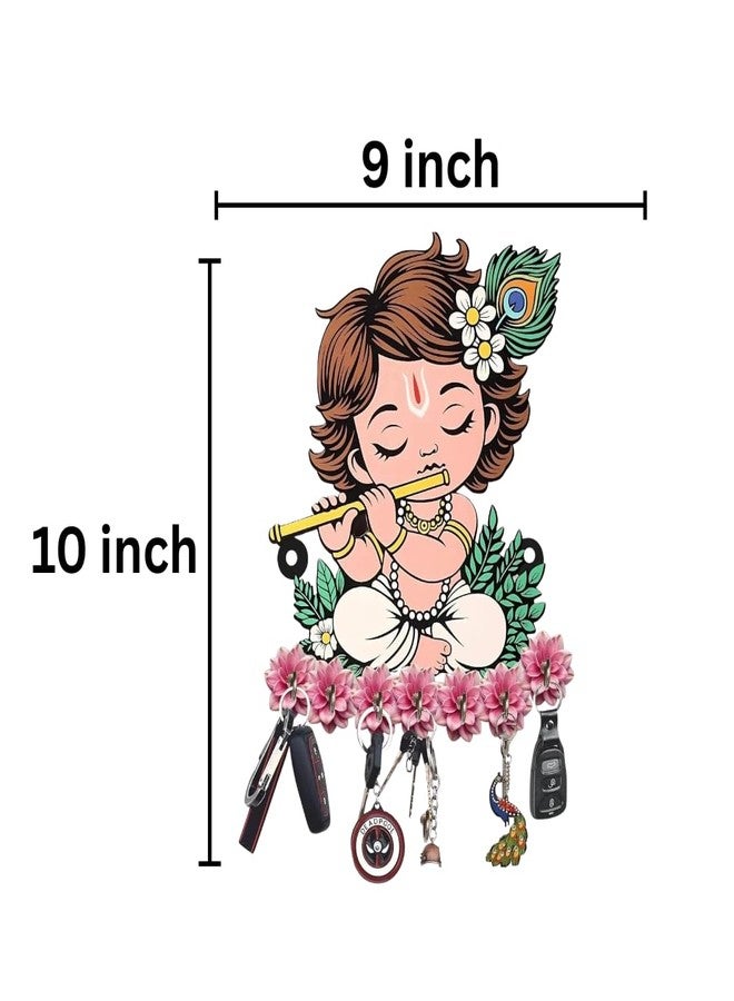 WALL MAGIX Baby Krishna Wooden Key Holder for Wall | Decorative Wall Mounted Key Stand with 6 Hooks | Floral Spiritual Home Entrance Decor | Krishna Wall Organizer - Image 5