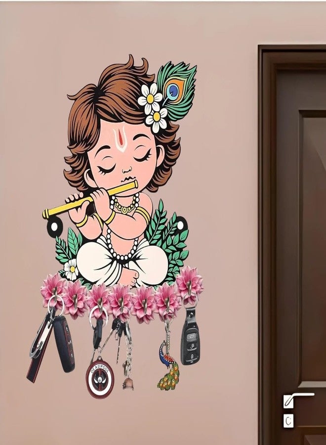 WALL MAGIX Baby Krishna Wooden Key Holder for Wall | Decorative Wall Mounted Key Stand with 6 Hooks | Floral Spiritual Home Entrance Decor | Krishna Wall Organizer - Image 4