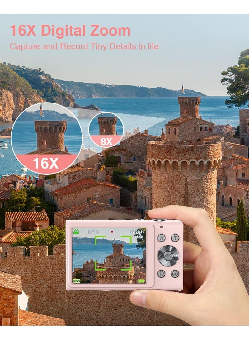فومو كاميرا رقمية بتنسيق 4K UHD و48 مليون بكسل مع بطاقة بقدرة 64 جيجابايت، مع زوم 16X وضبط فوكس تلقائي، كاميرا تصوير مضغوطة مناسبة للمراهقين والبالغين - اللون الوردي - Image 3