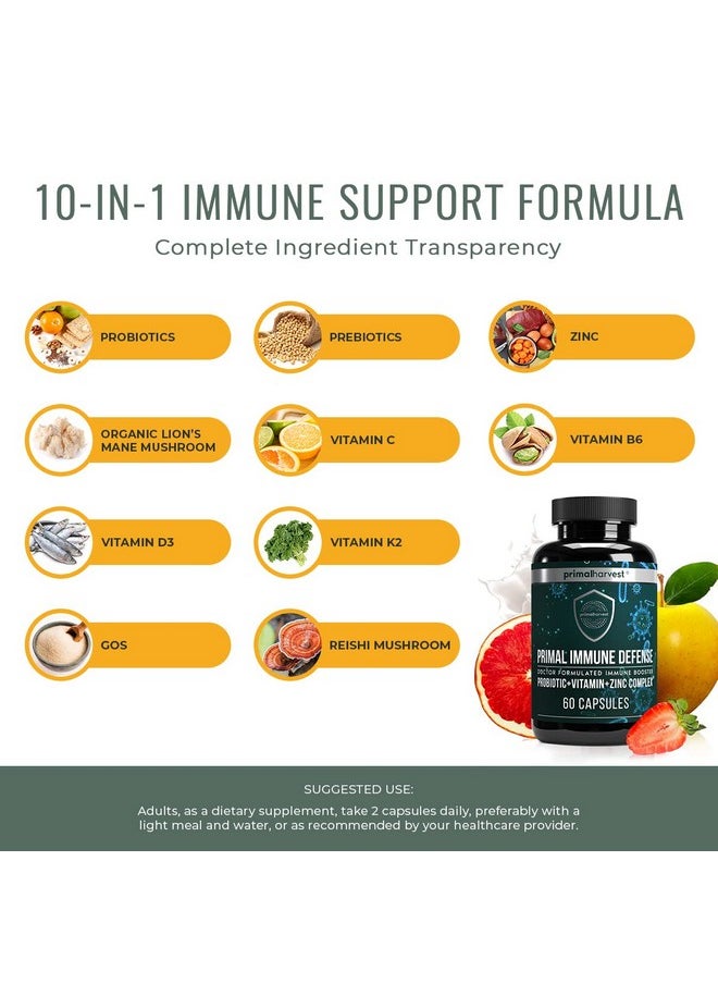 Primal Harvest Primal Immune Defense 10 In 1 Immune Support Supplement 60 Capsules Immune Vitamins With 7 Billion Cfu Pre And Probiotics Zinc Vit C B6 D3 K2 Immune Boosters For Adults  - Image 4