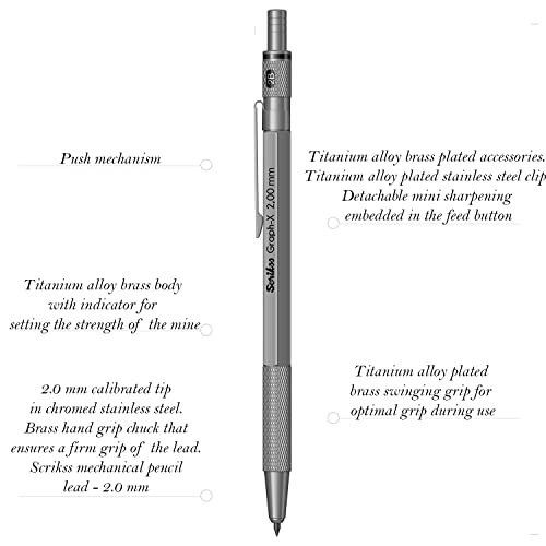 Scrikss 2.0mm Mechanical Clutch Lead Pen Pencil Satin Grey Brass Body Push Mechanism Graph-X Series Mini Removable Sharpener - Image 2
